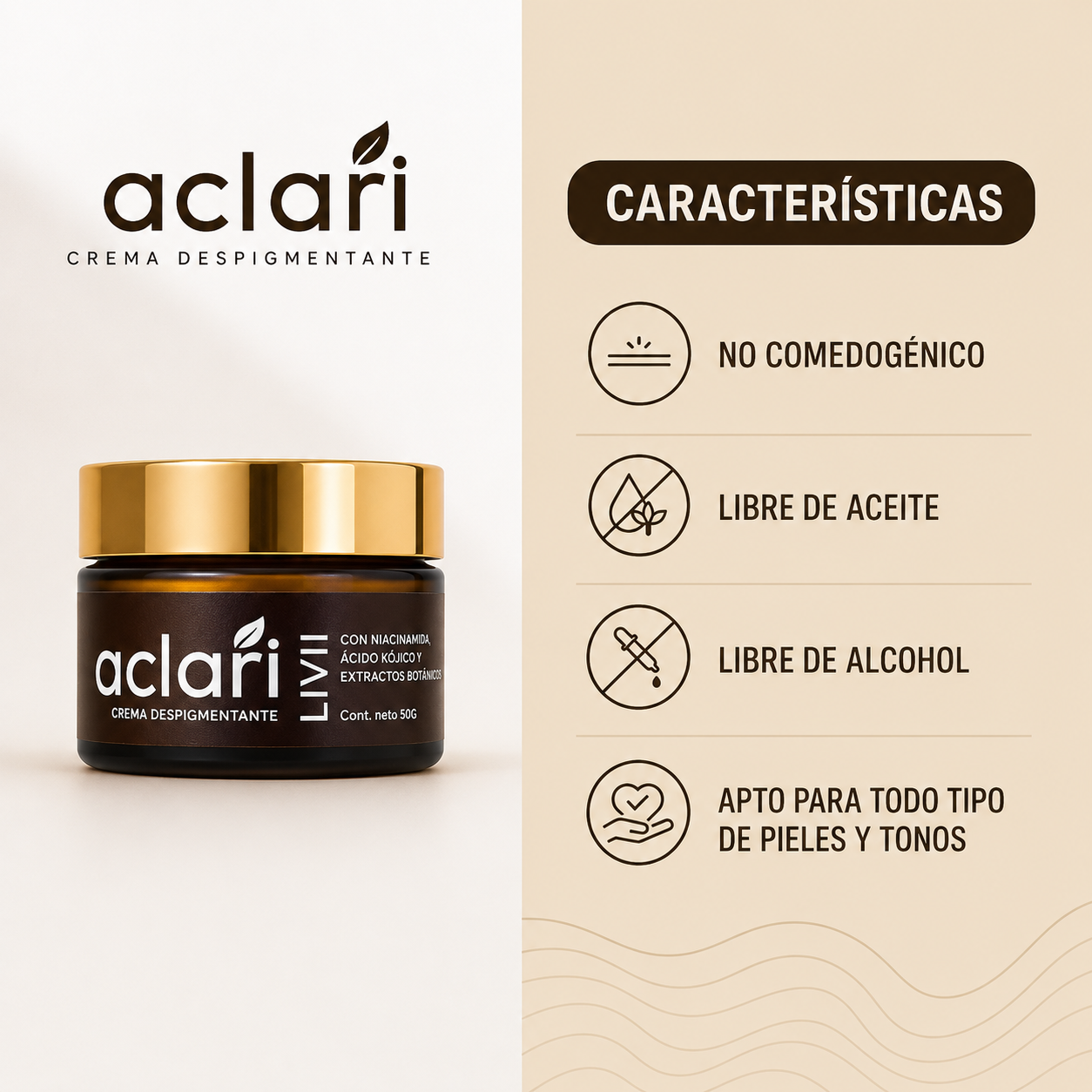 Aclari | Bright Cream | Crema Despigmentante Facial con Niacinamida y Ácido Kójico | Marca Livii | 50 ml